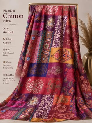 UneR Premium Chinon Printed Fabric for Women | Multicolor Patchwork Floral Print | 5 Meter | 44 Inch Width | Soft Lightweight Unstitched Dress Material