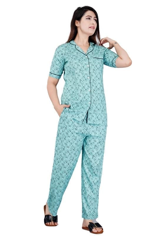 Women's Casual Half Sleeve Printed Viscose Rayon Shirt with Pyjama Pant Night Suit Set (Green, S)-PID47191