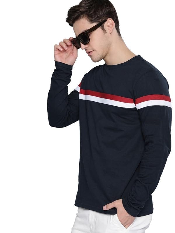 Men's Casual Colorblock Cotton Blend Round Neck T-Shirt (Navy Blue, L)-PID47764