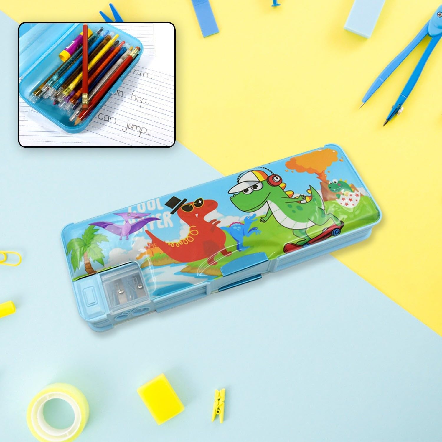 DHRUVINSRI 4570 Double Sided Magnetic Geometry Box Pencil Box with Calculator and Sharpener for Boys Art Plastic Pencil Box for Girls and Boys