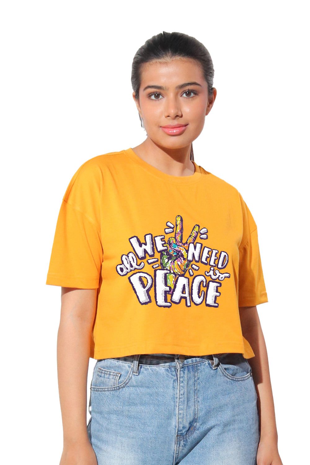 Kinnko Premium Cotton Womens Printed Crop T-Shirt Yellow