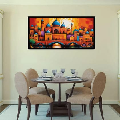 Luminary Mosaic Majesty – Abstract City Palace Museum-Quality Cotton Canvas Art for Dining Room Décor | Frame Size (127 X 69 Cm) | Frame Type (Black) | 5-Year Warranty