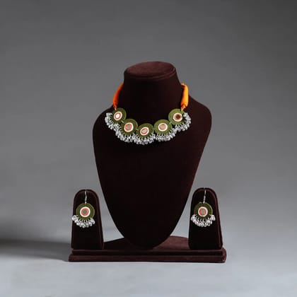 Multicolor Mirror Work German Silver Choker Set