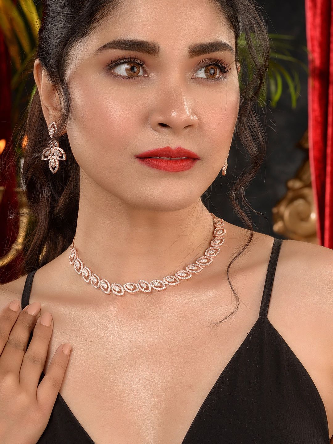 Rose Gold Plated AD Studded Geometric Minimal Necklace Jewellery Set