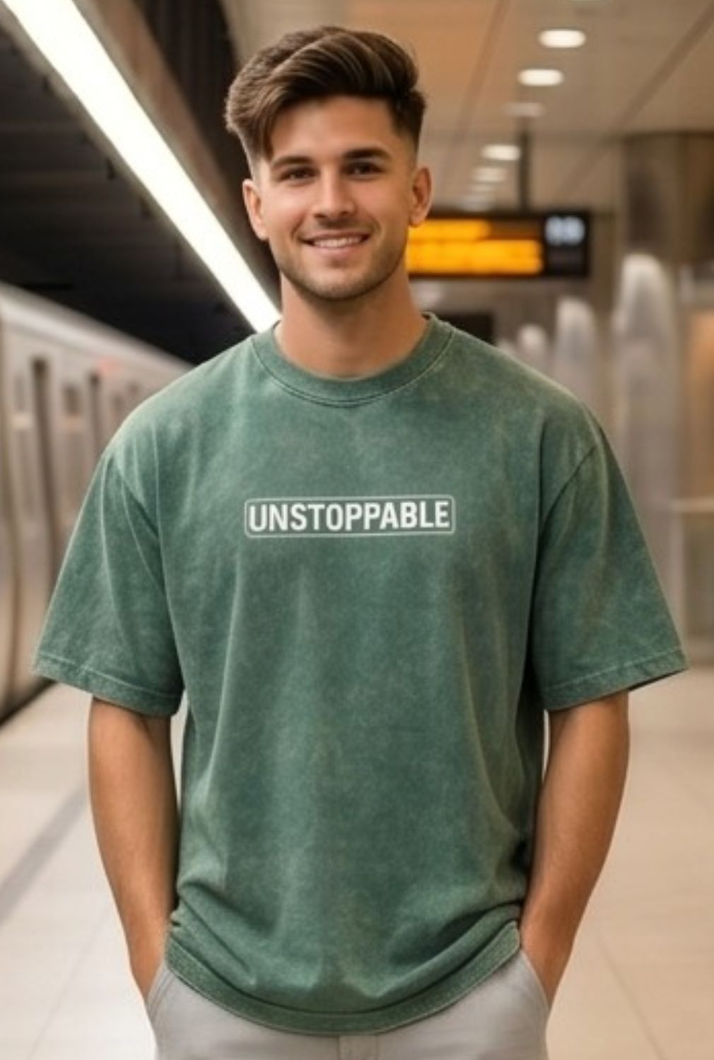 Hue Nox Men's Green Unstoppable Graphic Oversized T-Shirt