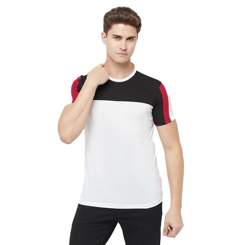 Men's Casual Colorblock Cotton Blend Round Neck T-Shirt (White, L)-PID47802