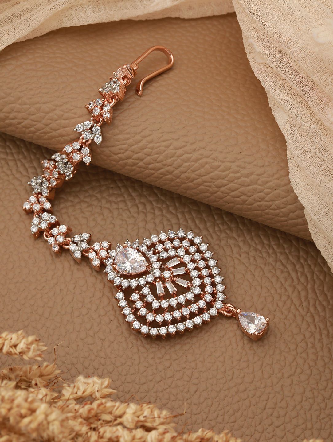 Beautiful Diamond shaped Maang Tikka AD studded Rose Gold plated for Women & Girls