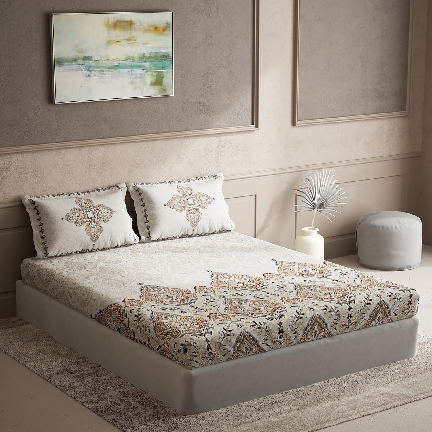 DDECOR - Zeta Collection 100% Cotton Ethnic Pattern 135TC Super King |274 CM X 274 CM| with 2 Pillow Covers - Orange