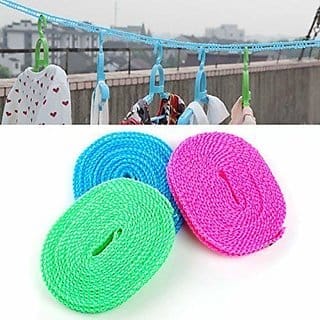K Kudos 5 Meters Windproof Anti-Slip Clothes Washing Line Drying Nylon Rope with Hooks pack of 1