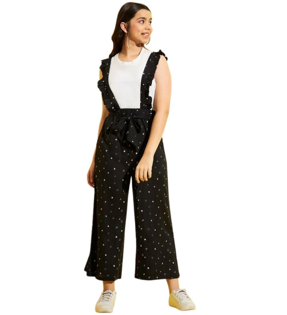 Girl's Cotton Printed Sleeveless Dungaree (Black-White, 9-10-Yrs)-PID66052