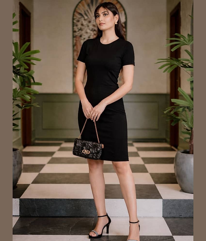 Rigo Women Cotton Bodycon Dress ( Black )