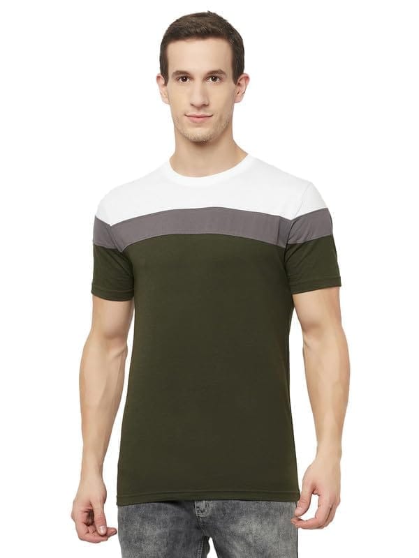 Men's Casual Colorblock Cotton Blend Round Neck T-Shirt (Multicolor, XL)-PID47791
