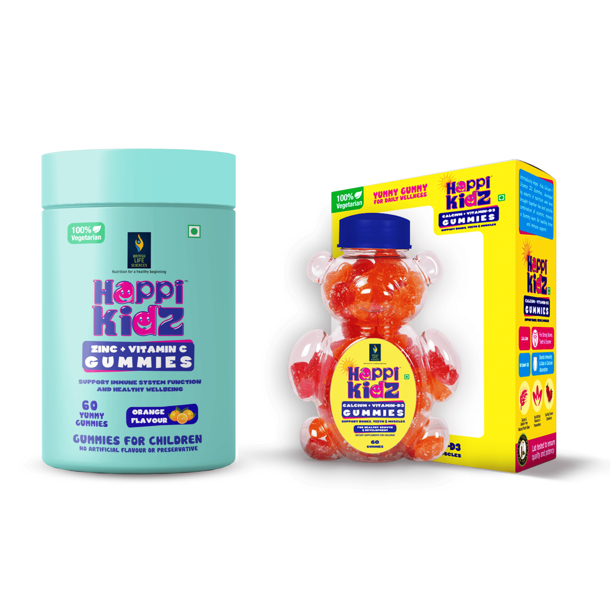 British Life Sciences Happi Kidz Calcium+Vitamin D3 Gummies & Happi Kidz Zinc+Vitamin C Gummies Combo | Natural, Strong Bones, Muscles and Teeth, Boosts Immunity