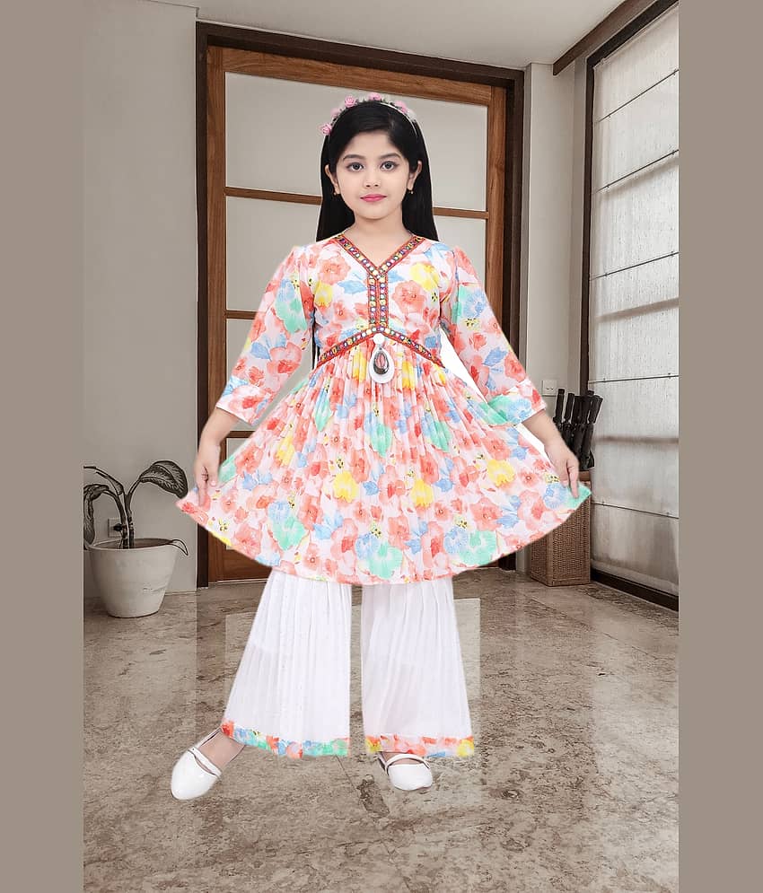 NEWSIFA Red Cotton Blend Girls Kurti With Palazzo ( Pack of 1 )