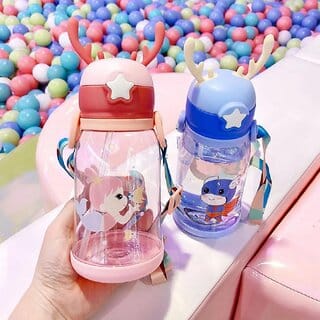 Cute Animal Water Bottle for Kids Pack of 2 Multicolor Antler Design with Cartoon Graphics