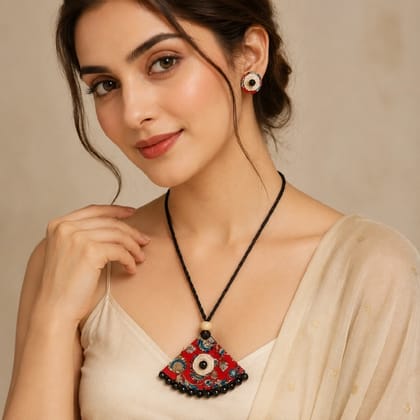 Handmade Red Fabric Necklace and Earrings Set for Women