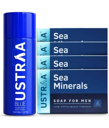 Ustraa Blue Deodorant - 150 ml & Deo Soap Sea Minerals - 100g (Pack of 4)