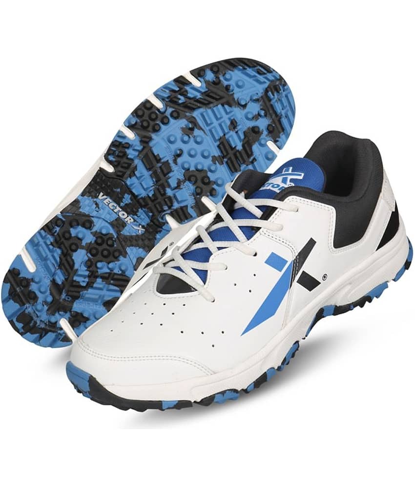 Vector X CKT-500 Cricket Shoes for Men (White-Black-Blue)