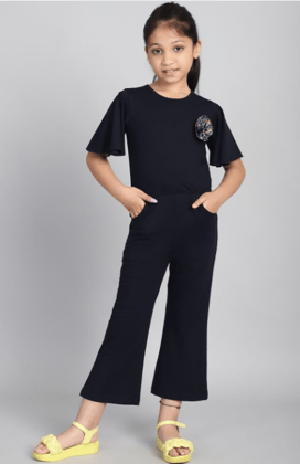 Girls Flared Sleeve Applique Basic Jumpsuit
