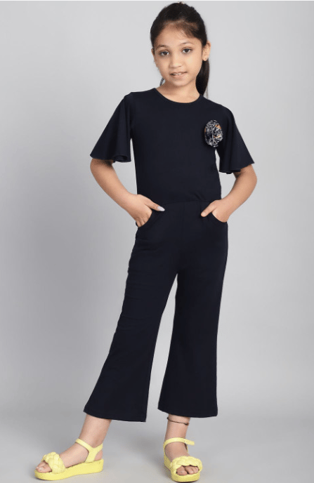 Girls Flared Sleeve Applique Basic Jumpsuit