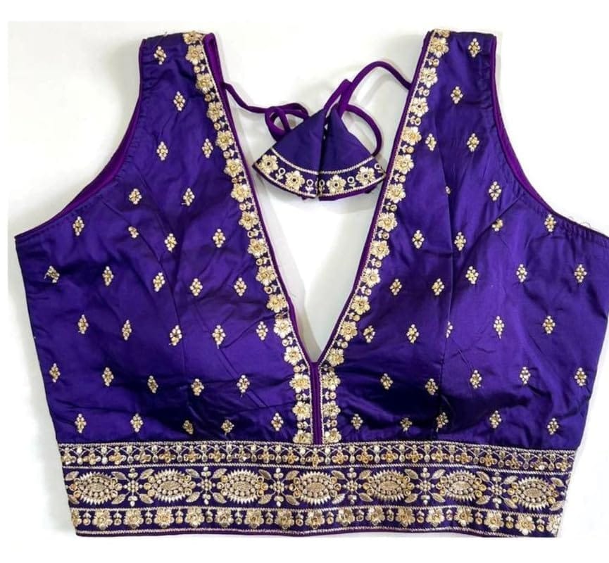 Women's Silk Thread Work V Neck Sleeve Less Readymade Blouse (Blue, Free Size)-PID57722