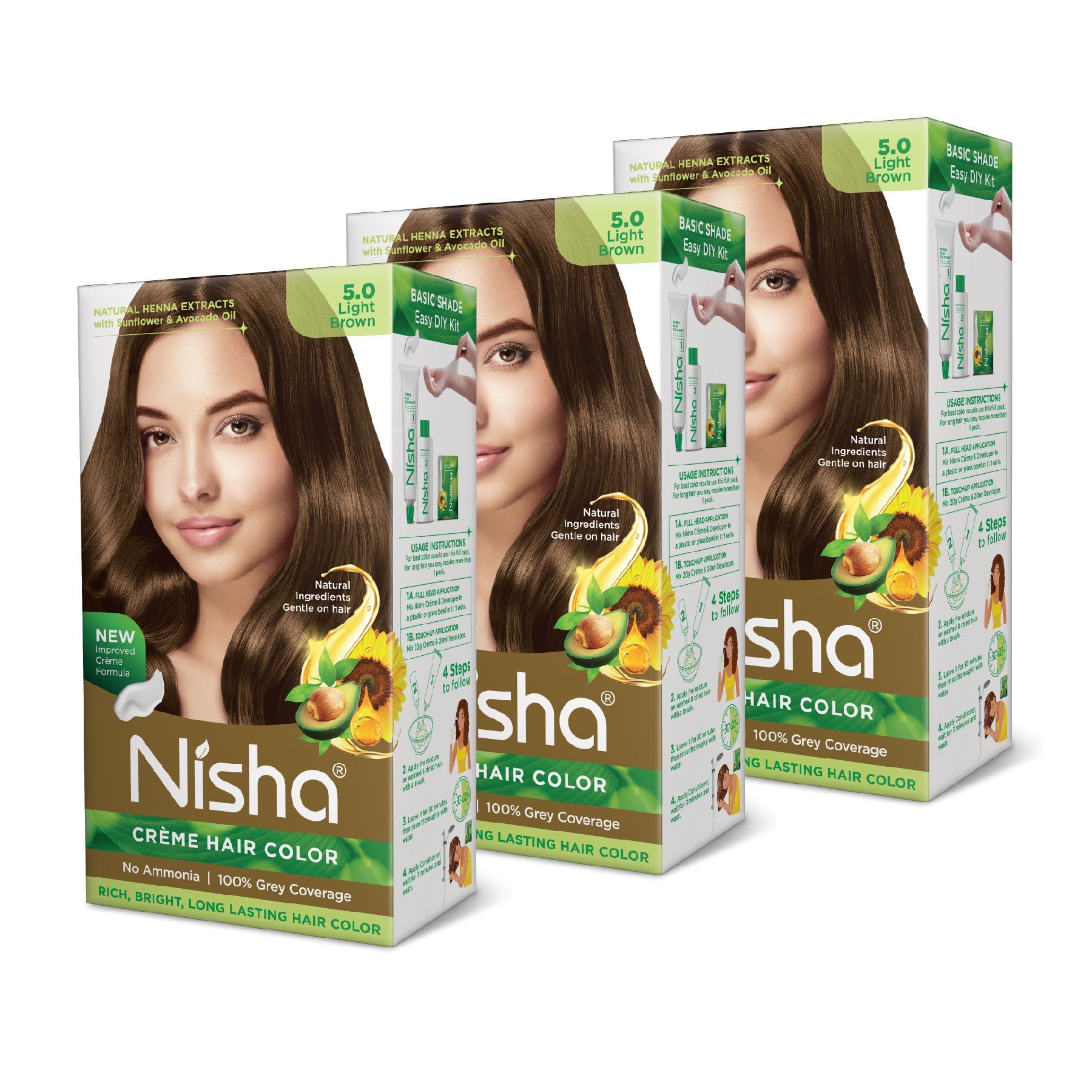 Nisha Creme Hair Color 5.0 Light Brown 120g Pack of 3, Permanent Hair Colour, No Ammonia, 100% Grey Coverage