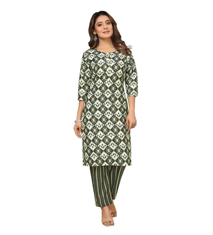 Women's Casual 3/4th Sleeve Printed Cotton Kurti Set (Green, M)-PID46124
