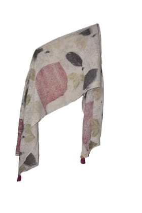 TULIP Traditional Artisians' Upliftment Livelihood Program Scarf with Leaf Print, Cream Base with Pink and Grey Leaves, Lightweight Fabric, Decorative Tassels TULIP Traditional Artisians' Upliftment Livelihood Program Scarf with Leaf Print, Cream Base with Pink and Grey Leaves, Lightweight Fabric, Decorative Tassels