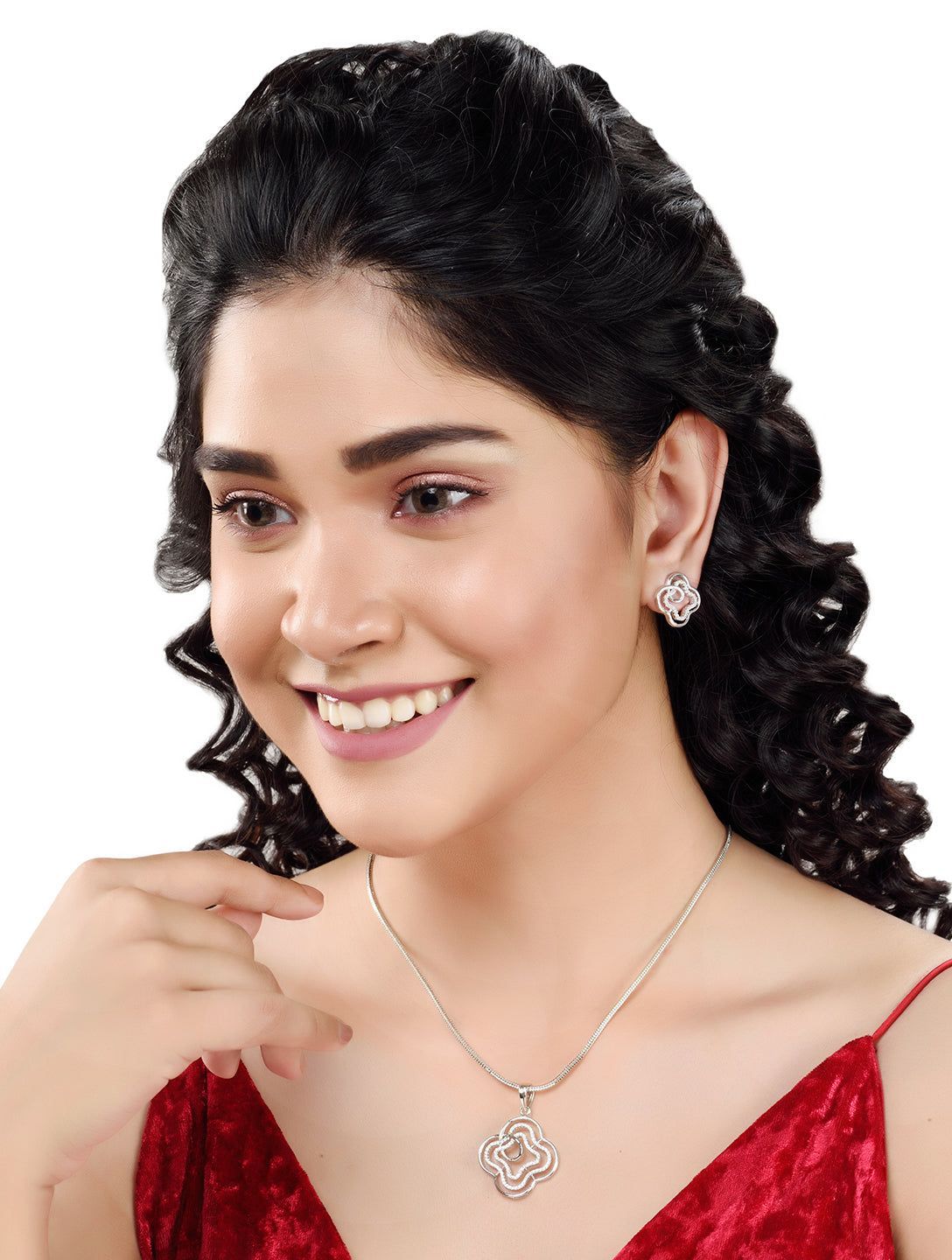 White Rhodium AD studded Floral design Pendant Earrings set chain