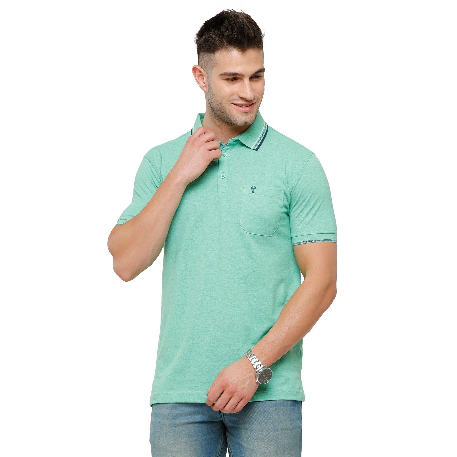 Classic Polo Men's Turquoise Melange Polo Half Sleeve Slim Fit T-Shirt | Toza-Aqua Mel
