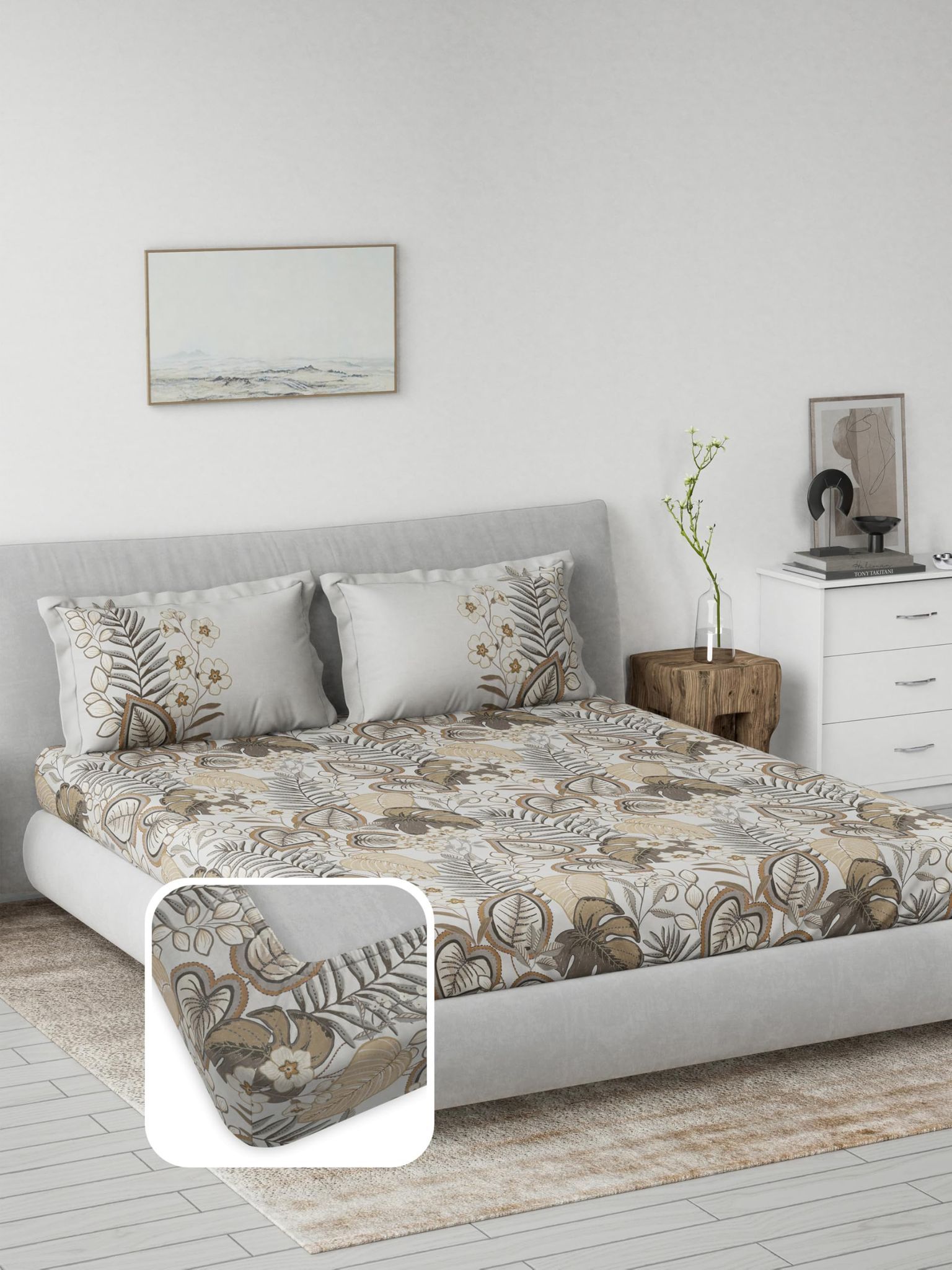 DDECOR - Primary Collection 100% Cotton Leaves Pattern 145TC King Fitted Sheet|180 CM X 198 CM| - Brown