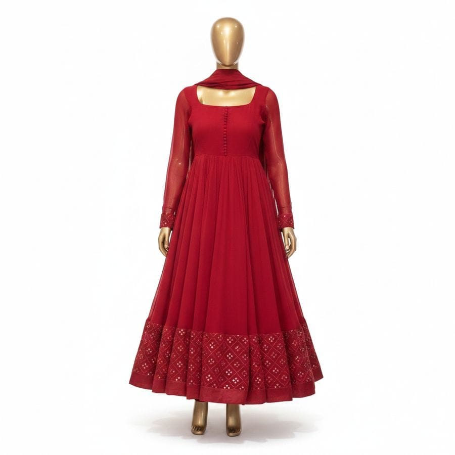 Women's Embroidered Red Anarkali Suit Set