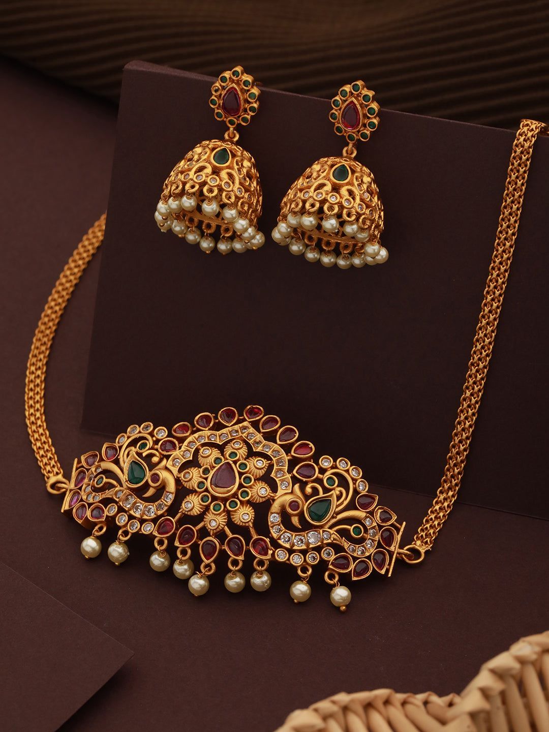 Gold plated Zircon Studded Peacock Motif Choker Jewellery Set