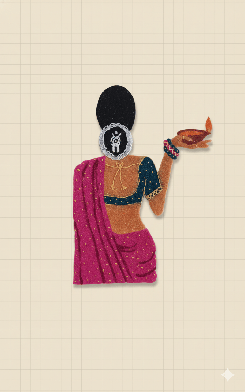 Madhura’s Creations Traditional Woman with Diya Rangoli Patch (Approx. 25 × 12 cm) on Plastic Sheet | Multicolour Ethnic Design | Real Rangoli Colours | Reusable | Single Piece