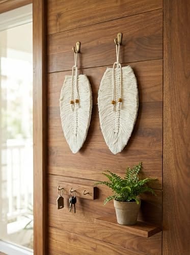 Wall Hanging Leaves, White, 14 x 32 cm, Pack of 2