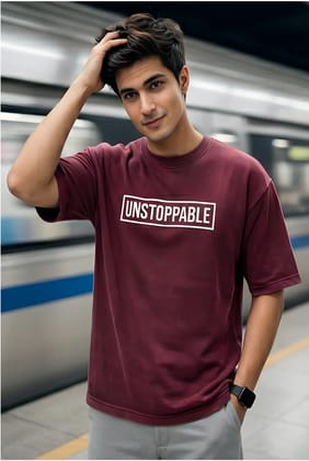 Hue Nox Men's Maroon Unstoppable Graphic Oversized T-Shirt