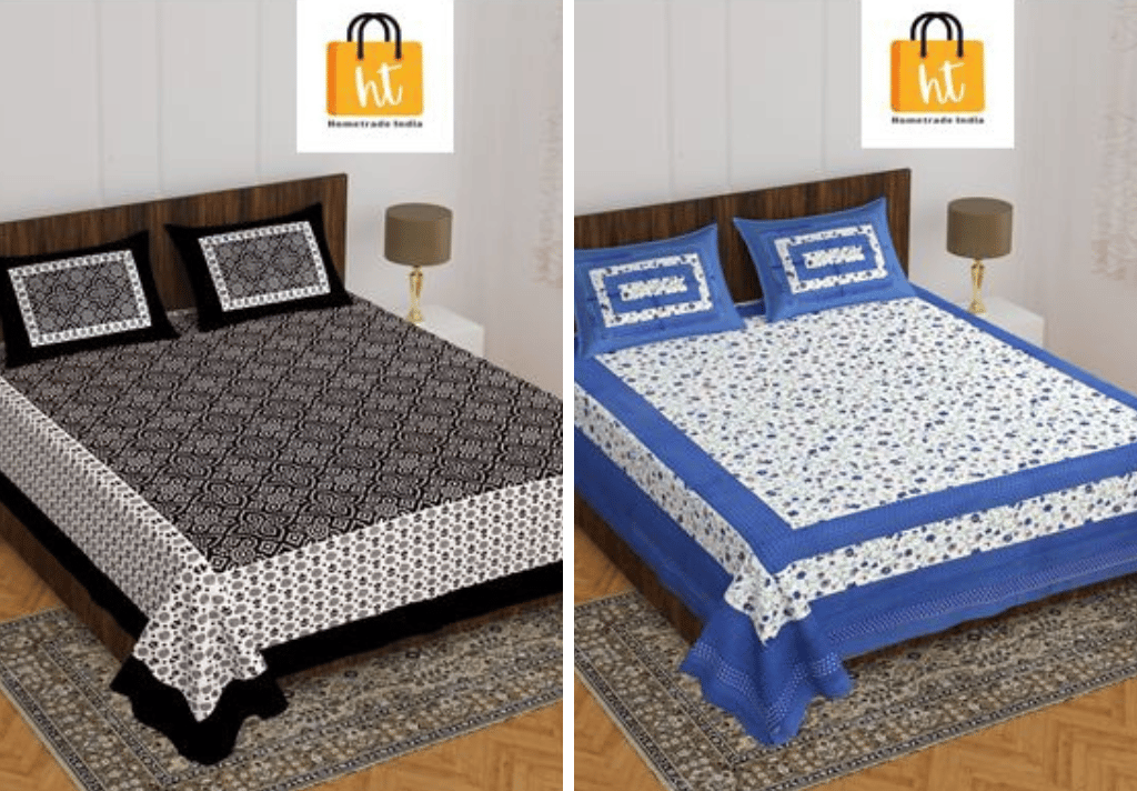 3001-Hometrade India-Standard King Size (90*108 Inches)-Pure Cotton Jaipuri Double Bedsheet With Matching Pillow Cover