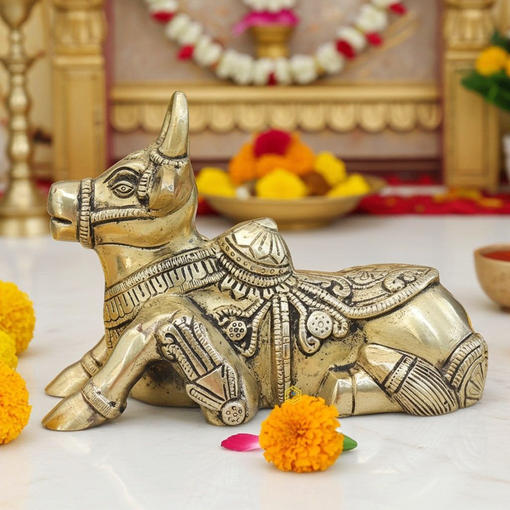 Brass Showpiece Nandi Ji God Idol Statue - Pure Brass Pooja Decor, Height : 5 Inch (BSMAS1530 K)