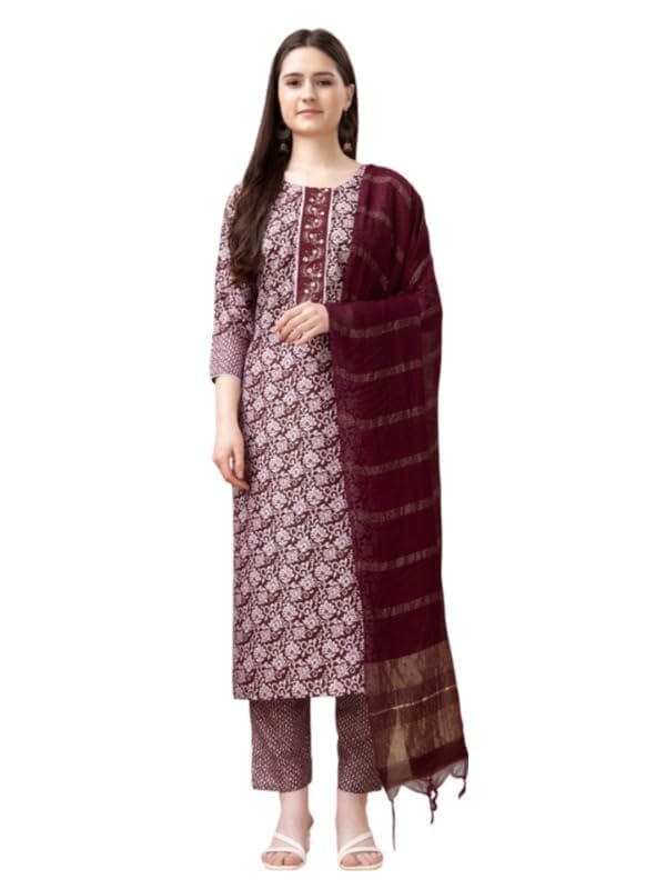 Women's Casual 3-4 th Sleeve Embroidery Rayon Kurti Pant Dupatta Set (Maroon, 2XL)-PID50196