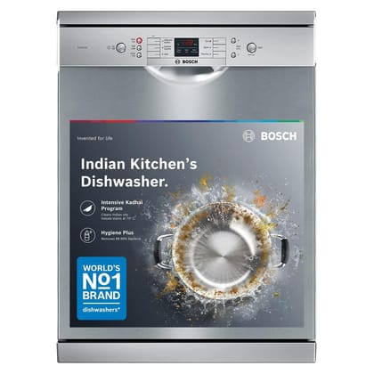 Bosch 13 Place Setting (fits up to 70 utensils) Free-Standing Dishwasher for Indian Utensils | Hygiene+ & Intensive Kadhai Program (SMS66GI01I, Inbuilt Heater, Removes 99.9% Germs, Silver Inox) Bosch 13 Place Setting (fits up to 70 utensils) Free-Standin