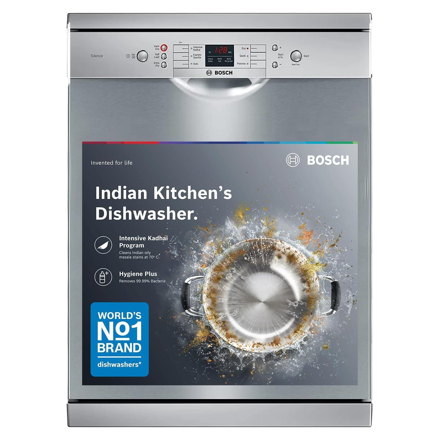 Bosch 13 Place Setting (fits up to 70 utensils) Free-Standing Dishwasher for Indian Utensils | Hygiene+ & Intensive Kadhai Program (SMS66GI01I, Inbuilt Heater, Removes 99.9% Germs, Silver Inox) Bosch 13 Place Setting (fits up to 70 utensils) Free-Standin