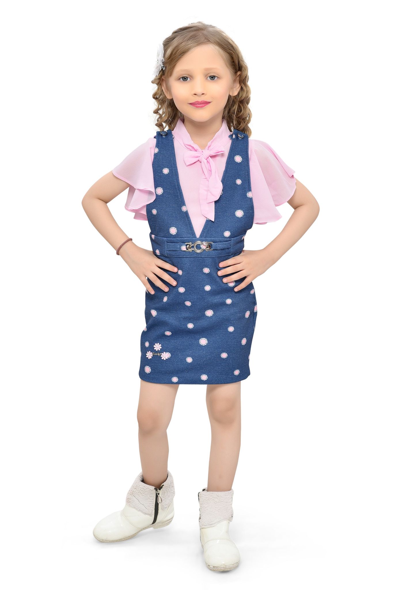 Be:Kids Pink Enchanted Polka-Dot Pinafore and Ruffle Blouse Ensemble for Girls