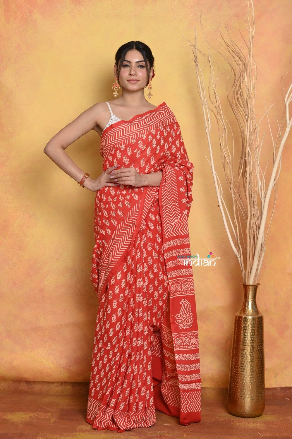 Mastaani ~ Handblock Printed Cotton Saree With Natural Dyes - Red