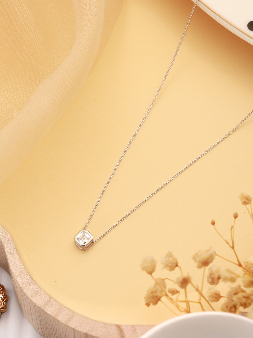 925 Sterling Silver Rhodium Plated Halo Square  Solitaire Minimal Pendant Necklace & Chain