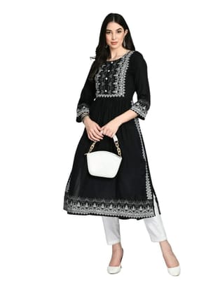 Women's Casual Rayon 3-4th Sleeves Kurti (Black, XL)-PID63379 Women's Casual Rayon 3-4th Sleeves Kurti (Black, XL)-PID63379