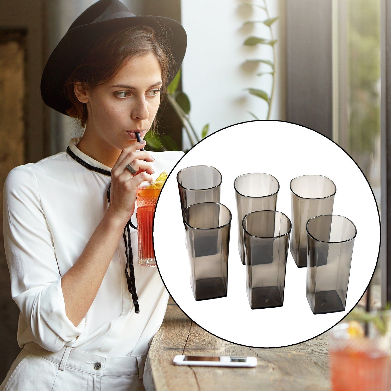 Unbreakable Stylish Transparent Square Design Water / Juice / Beer / Wine Tumbler Plastic Glass Set ( 300 ML, Pack of 6) ( Black )