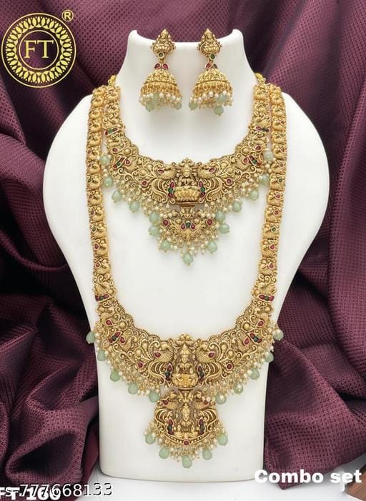 Latest Bridal Temple Jewellery Combo Set Antique Gold Plated Lakshmi Long Haram Necklace with Short Necklace & Jhumka Earrings