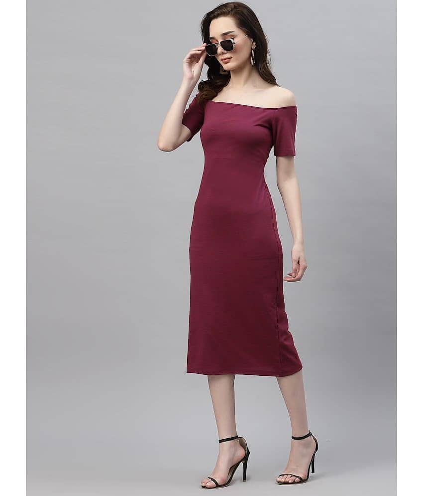 Rigo Women Cotton Solid Off Shoulder Dress ( Magenta )
