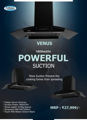 Fabian Venus Kitchen Chimney (Black, 990mm) | 1800m3/hr Powerful Suction | Touch & Motion Sensor Control