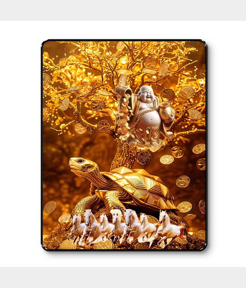 Livin'luxe Golden Money Tree Buddha Tortoise Horse Wall Art Black Frame Sparkle Lamination Wealth Decor